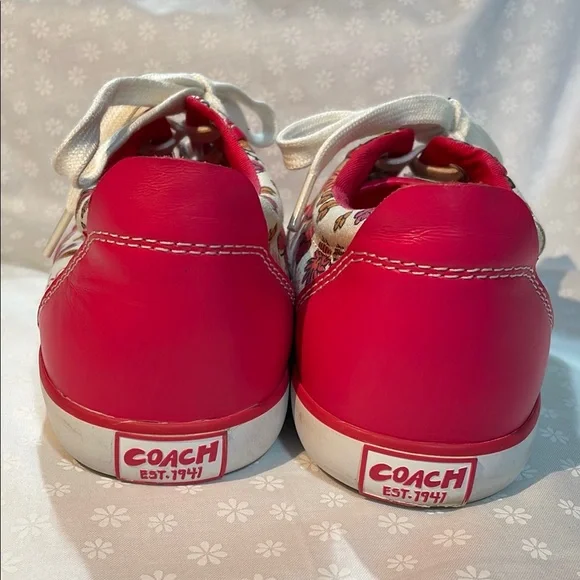 COACH Pink and White Sneakers Floral Canvas Design Laces EUC - Picture 4 of 13